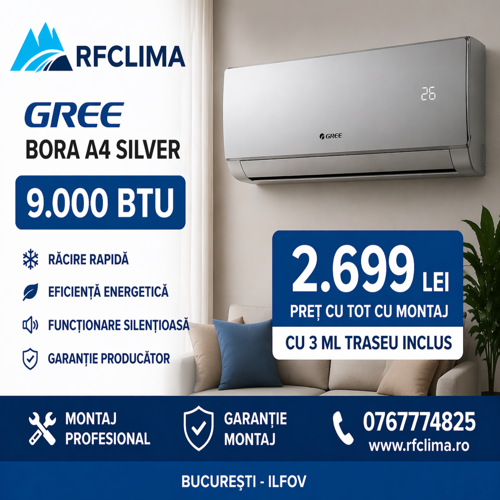 GREE BORA A4 SILVER 9000 BTU + MONTAJ INCLUS PROMO